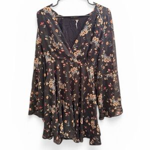 Free People Black Floral V-Neck Long Sleeve Mini Dress Size L